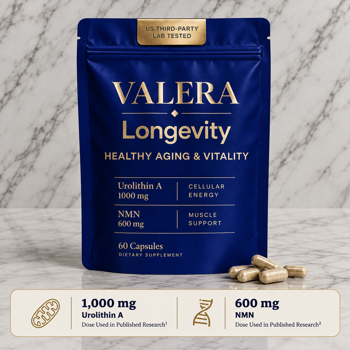 Valera Longevity NMN 600 mg and Urolithin A 1,000 mg Vegan Capsules, 60 Count