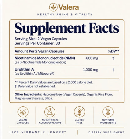Valera Longevity NMN 600 mg and Urolithin A 1,000 mg Vegan Capsules, 60 Count